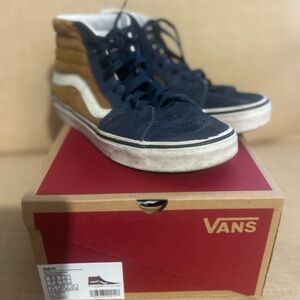 Vans SK8 Hi High-Top Sneakers in Navy and Tan Brown Boys Men’s 5 1/2